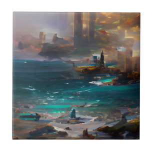 Dream of a water-world city abstract digital art tile