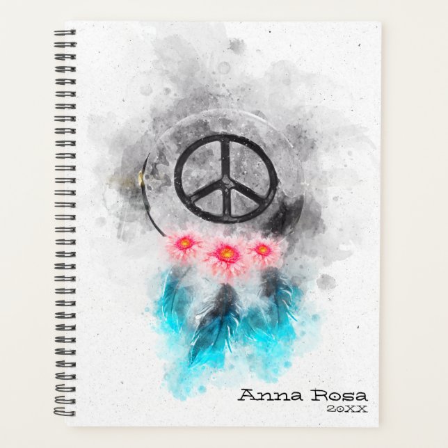 *~* Dream  Peace Sign Feathers Flowers Boho Tribal Planner (Front)
