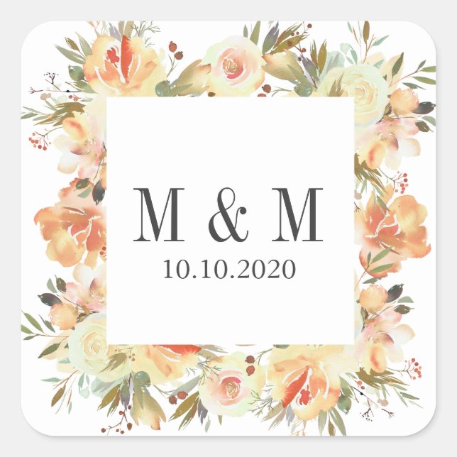 Dream Peach Botanical Frame Wedding Monogram Square Sticker (Front)