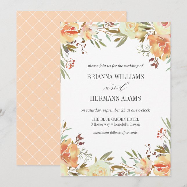 Dream Peach | Fancy rustic Flowers wedding Invitation (Front/Back)