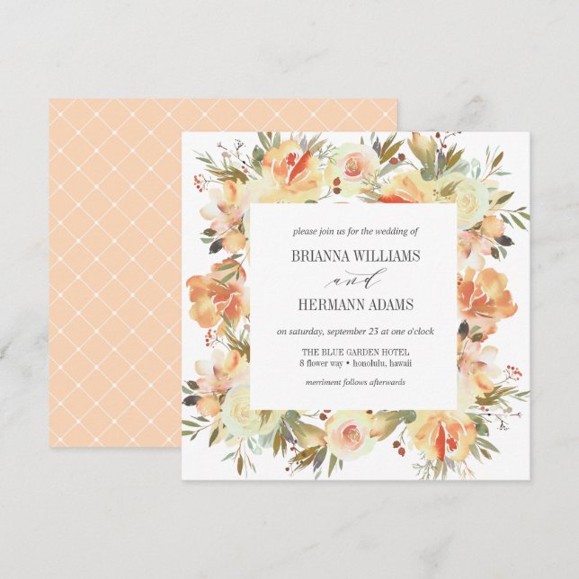 Dream Peach | Fancy Spring Floral Diamond Wedding Invitation (Front/Back)
