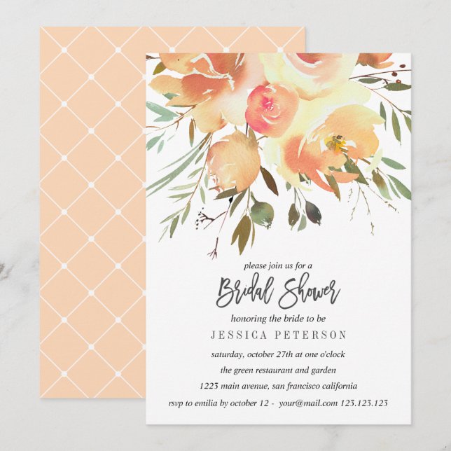 Dream Peach Flower Wedding Bridal Shower party Invitation (Front/Back)