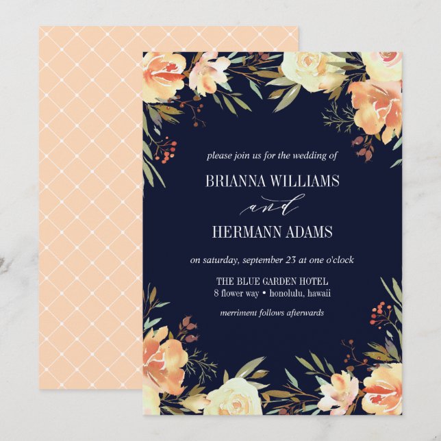 Dream Peach &  Navy | Fancy rustic Flowers wedding Invitation (Front/Back)