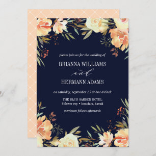 Dream Peach &  Navy   Fancy rustic Flowers wedding Invitation