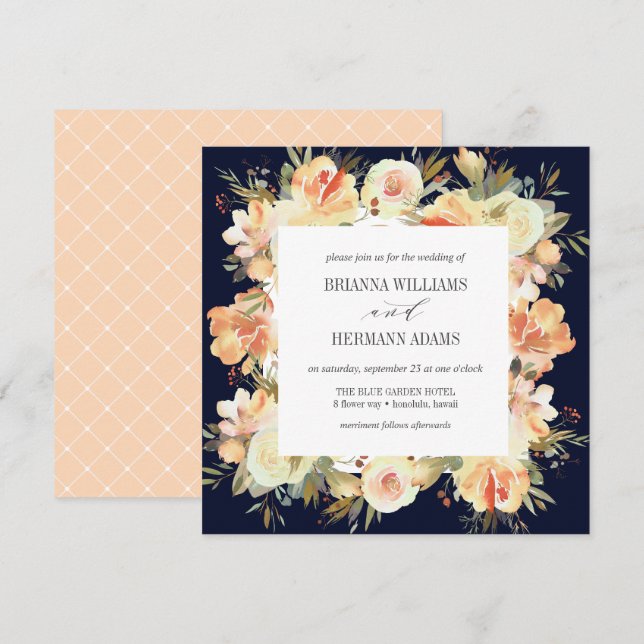 Dream Peach & Navy | Spring Floral Diamond Wedding Invitation (Front/Back)
