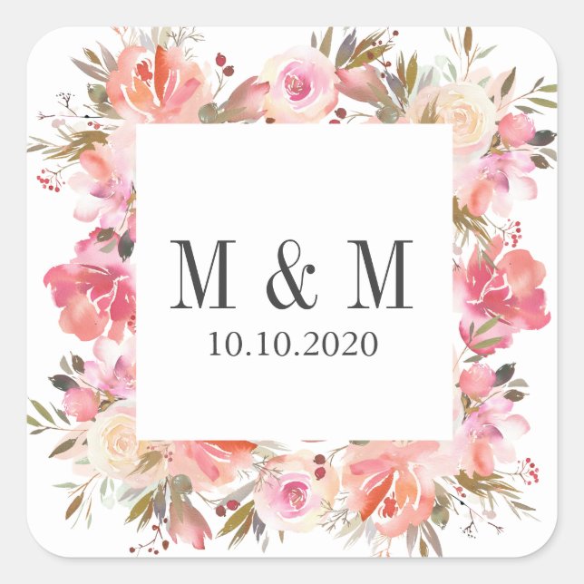 Dream Pink Botanical Frame Wedding Monogram Square Sticker (Front)