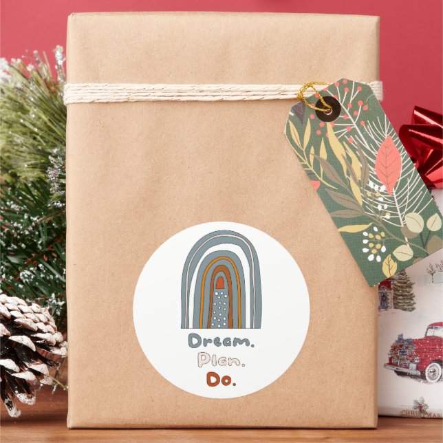 Dream, plan, do motivational boho rainbow colourfu classic round sticker (Holiday)