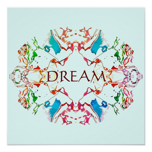 "Dream" Red Blue Green Burgundy Mandala on Aqua Poster (Front)
