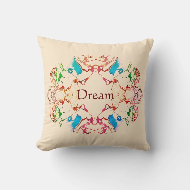 "Dream" Red Blue Green Burgundy Mandala on Beige T Cushion (Front)