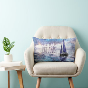 Dream Sail Inspirational Quote Ocean Blue Sunset Lumbar Cushion