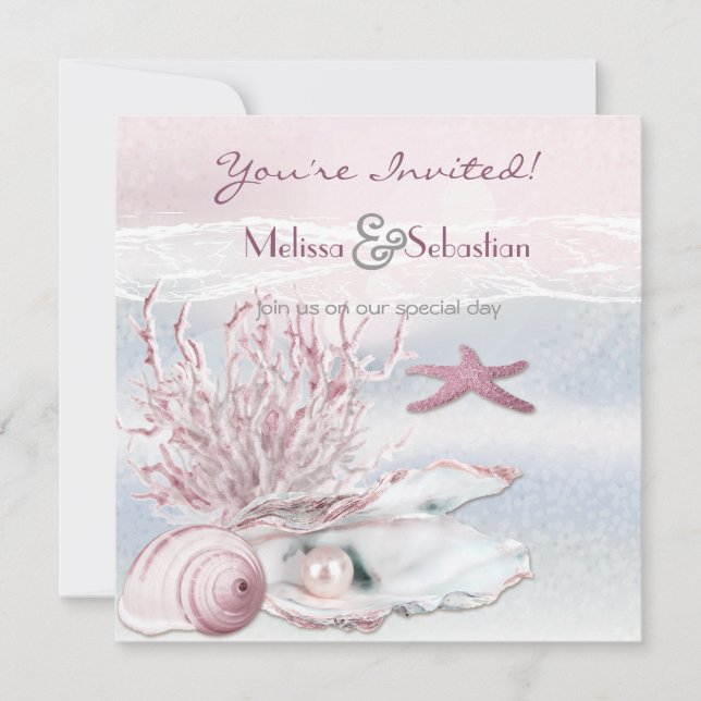 Dream Shore Beach Pink Wedding Invite (Front)