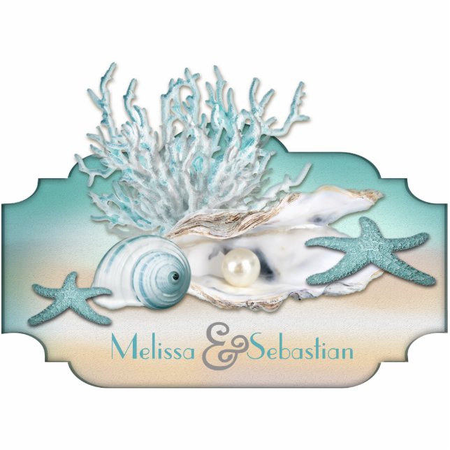 Dream Shore Beach Teal Wedding Table Sculpture Standing Photo Sculpture (Front)