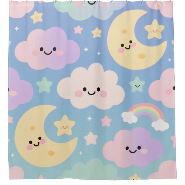 Dream Sky Blanket, Cute Clouds, Moons & Stars Shower Curtain (Front)