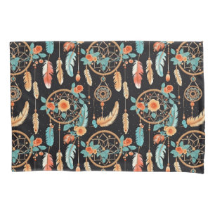 Dreamcatcher dark floral feather orange teal  pillowcase