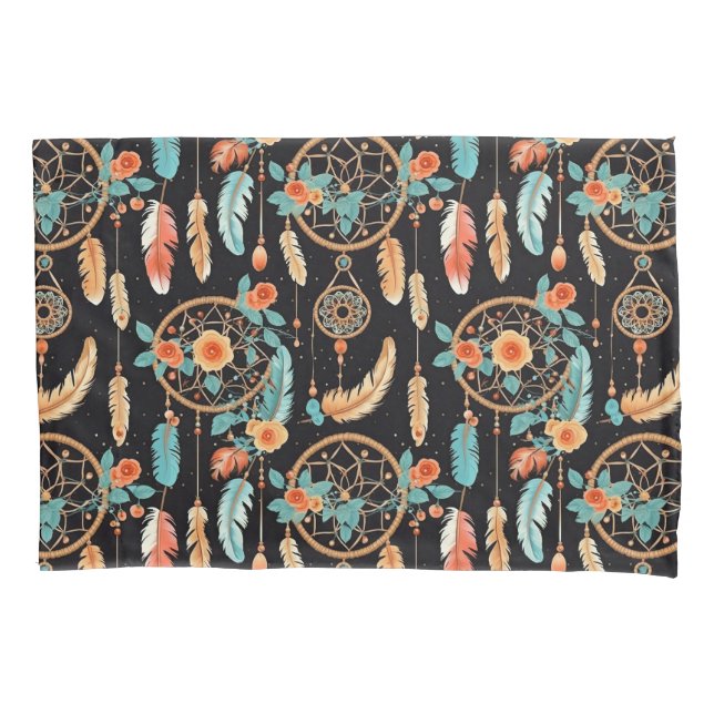 Dreamcatcher dark floral feather orange teal  pillowcase (Front)