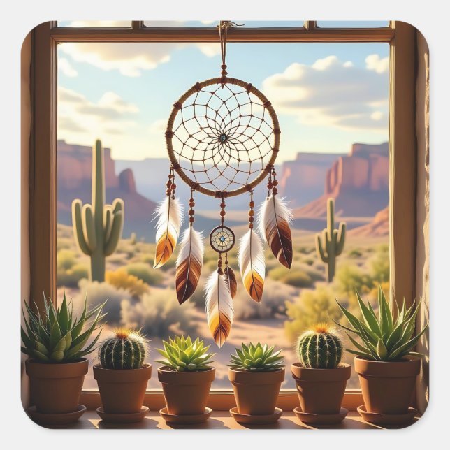 Dreamcatcher, Desert Canyons, Cacti   Square Sticker (Front)
