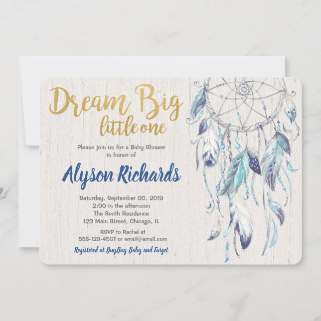 Dreamcatcher dream big little one baby shower boy invitation (Front)