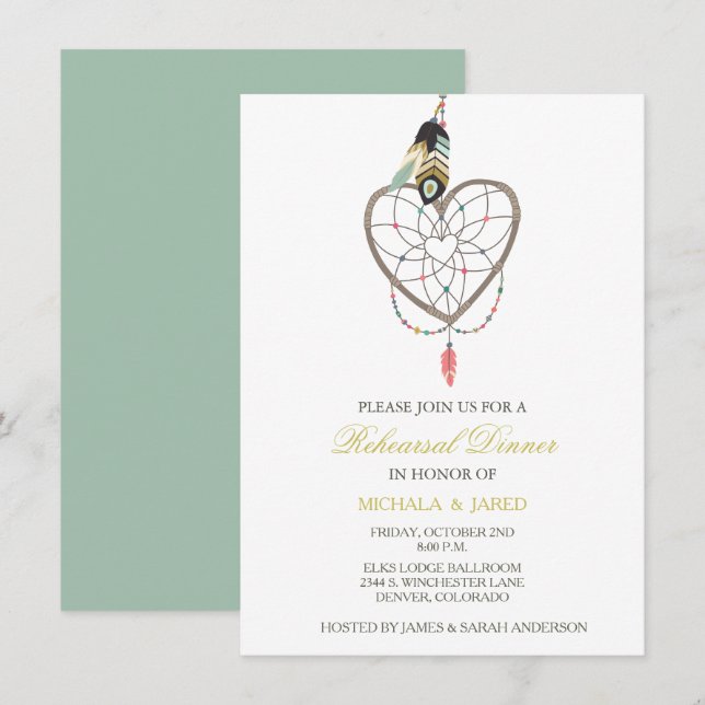 Dreamcatcher Feather Wedding Rehearsal Invitation (Front/Back)