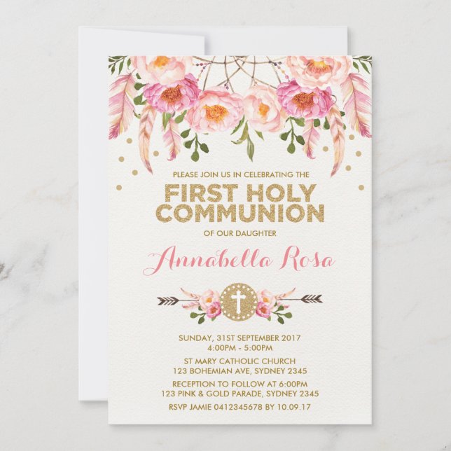 Dreamcatcher Holy Communion Chic Pink Gold Floral Invitation (Front)