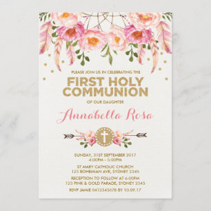 Dreamcatcher Holy Communion Chic Pink Gold Floral Invitation