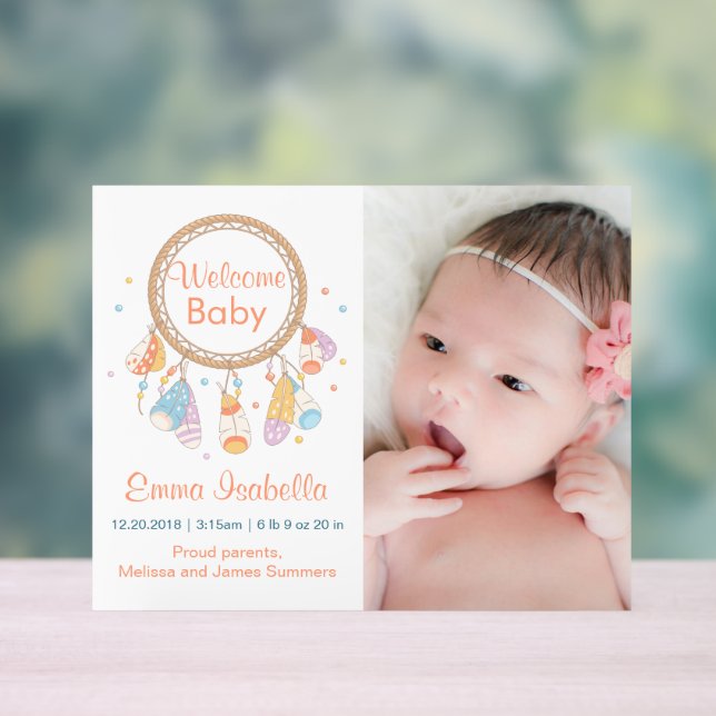 Dreamcatcher New Baby Newborn Birth Announcement Acrylic Sign (Neutral)