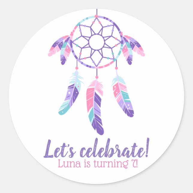 Dreamcatcher pink purple teal kids birthday party classic round sticker (Front)
