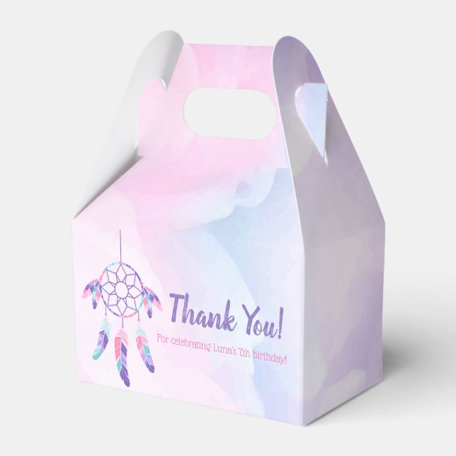 Dreamcatcher pink purple teal kids birthday party favour box (Front Side)