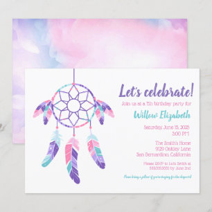 Dreamcatcher pink purple teal kids birthday party invitation