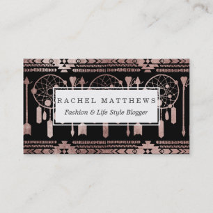 Dreamcatcher Rose Gold Tribal Aztec on Black Business Card