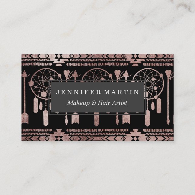 Dreamcatcher Rose Gold Tribal Aztec on Black Business Card (Front)