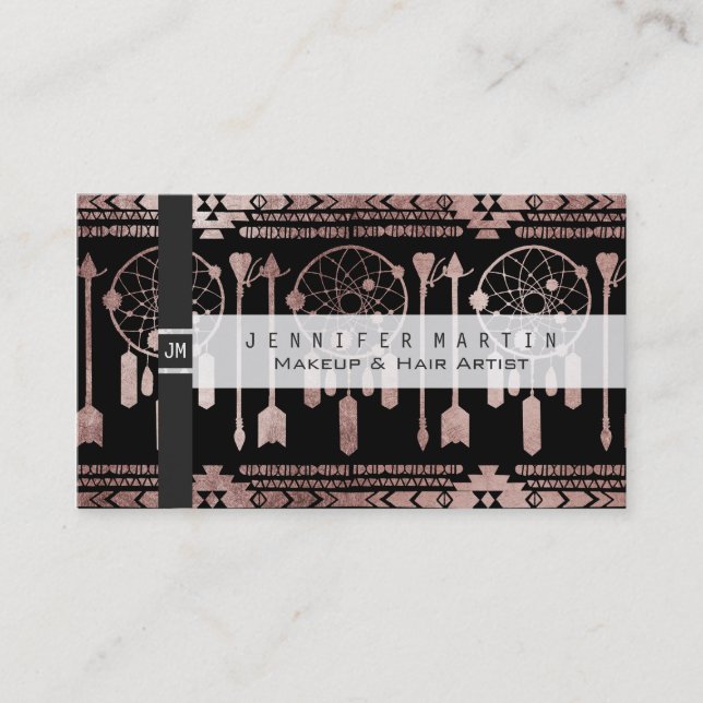 Dreamcatcher Rose Gold Tribal Aztec on Black Business Card (Front)