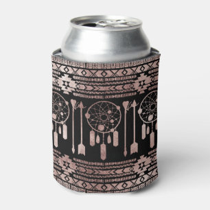 Dreamcatcher Rose Gold Tribal Aztec on Black Can Cooler