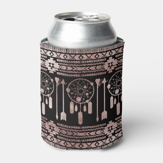 Dreamcatcher Rose Gold Tribal Aztec on Black Can Cooler (Can Front)