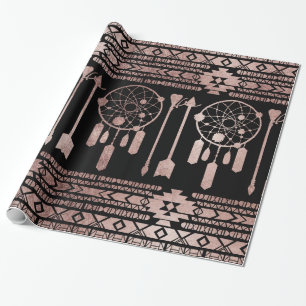 Dreamcatcher Rose Gold Tribal Aztec on Black Wrapping Paper