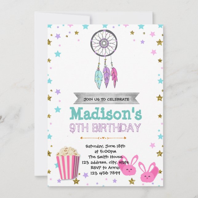Dreamcatcher sleepover party birthday invitation (Front)