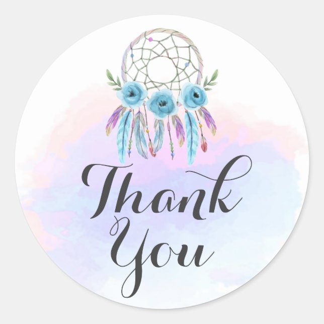 Dreamcatcher Watercolor Feathers Rustic Thank You Classic Round Sticker (Front)