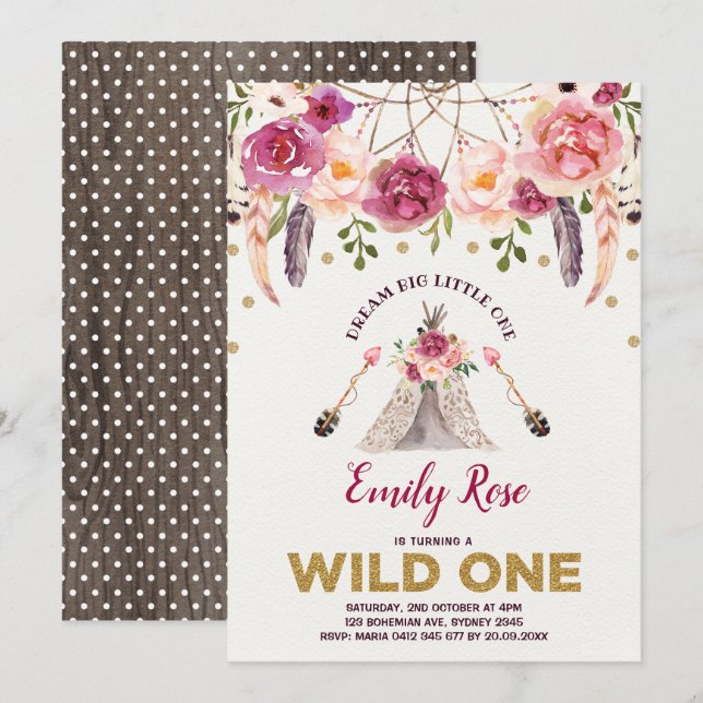 Dreamcatcher WILD ONE Boho Floral Birthday Party Invitation (Front/Back)