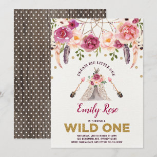 Dreamcatcher WILD ONE Boho Floral Birthday Party Invitation