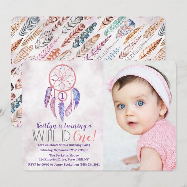 Dreamcatcher Wild One Photo Birthday Invitations (Front/Back)