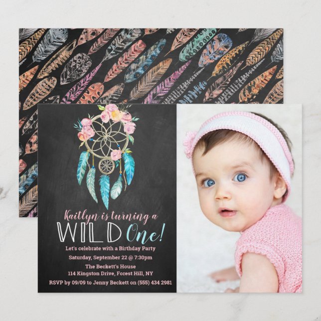 Dreamcatcher Wild One Photo Birthday Invitations (Front/Back)