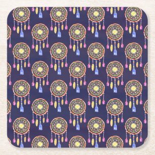 Dreamcatchers Feathers Watercolor Seamless Texture Square Paper Coaster
