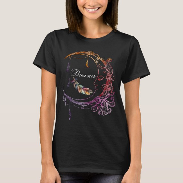"Dreamer's Delight, Colourful Moon and Feather" T-Shirt (Front)