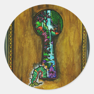 "Dreamer's Door" Fantasy Butterfly Keyhole Art Classic Round Sticker