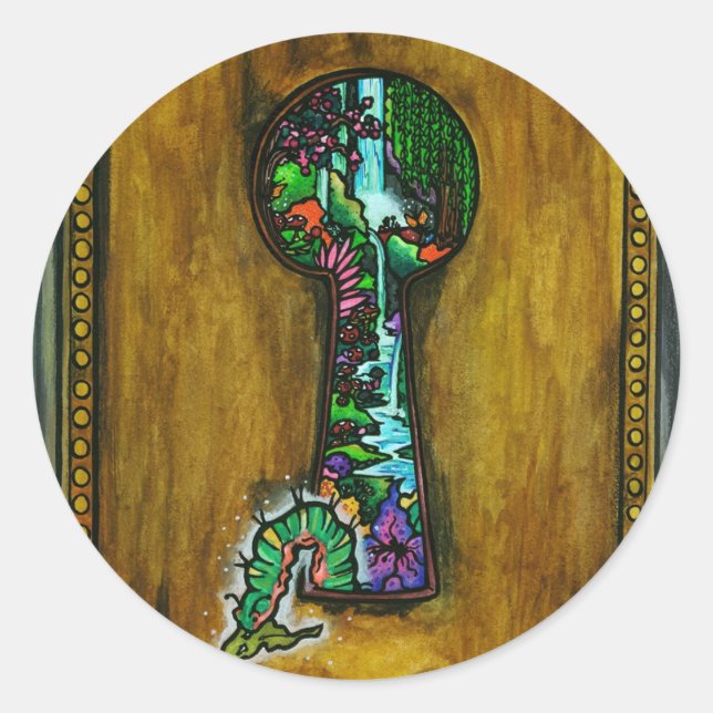 "Dreamer's Door" Fantasy Butterfly Keyhole Art Classic Round Sticker (Front)
