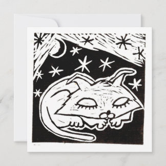 Dreaming Between the Stars Cat linocut Invitation