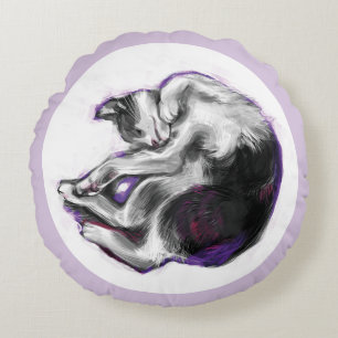 Dreaming cat Sleeping Hand Drawn Realistic Art. Round Cushion