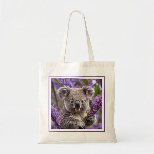 "Dreaming in Purple: A Koala in a Jacaranda Tree Tote Bag (Front)