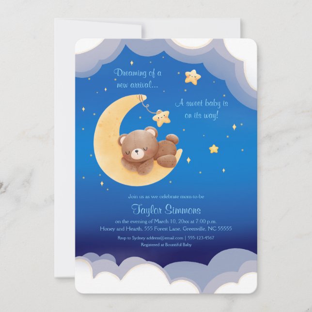 Dreaming New Arrival Bear Night Sky Baby Shower Invitation (Front)