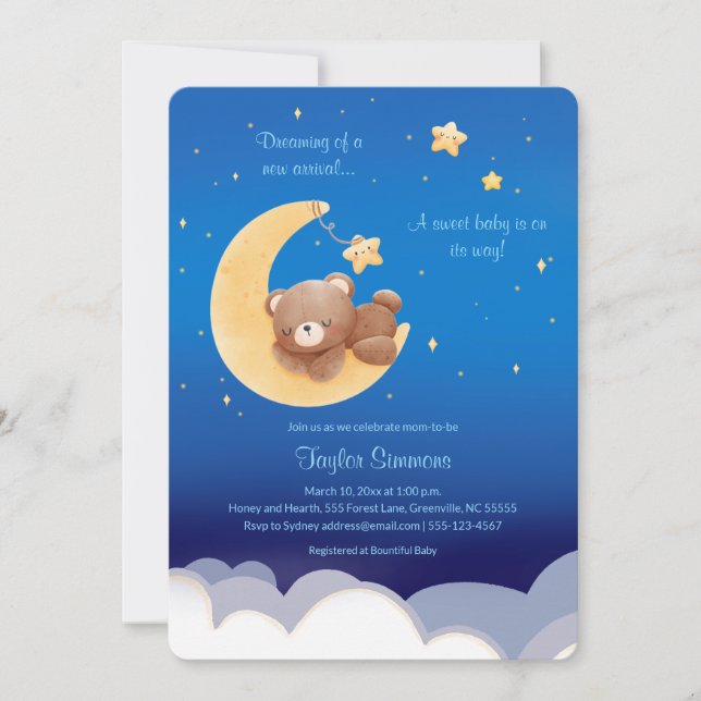 Dreaming New Arrival Teddy Bear Moon Invitation (Front)