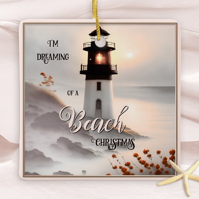 Dreaming of a Beach Christmas Ornament (Dreamy pink Christmas ornament featuring a painting of a lighthouse on the beach)